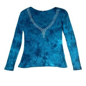 Teal Blue Tie Dye Long Sleeve Top Rhinestone Womens Size M Y2K